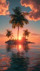Obraz premium Tropical Island Paradise at Sunset with a Palm Tree, a 360 Panoramic HDRI Environment Map for 3D Rendering and Virtual Exploration