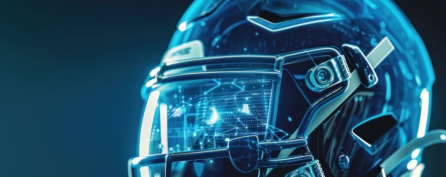 A football helmet with a blue and silver design. The helmet is illuminated and he is a futuristic design