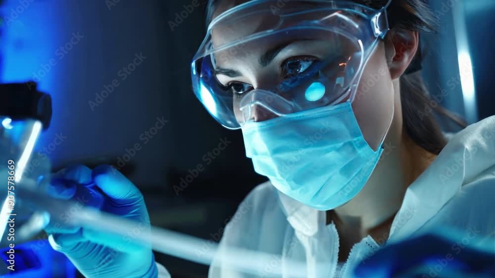 Aufkleber medical laboratory: female scientist wearing a face mask using a micropipette for analysis.