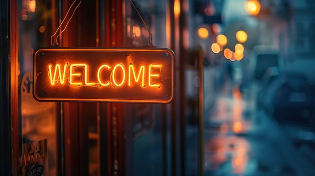 Neon sign with welcome text on the old street in the evening