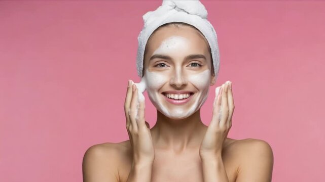 A woman applies cleanser to her skin and smiles. She stands bare-shouldered against a pink background. This is a beauty and femininity concept.