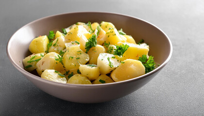 Bowl of tasty Potato Salad with greens on grey background