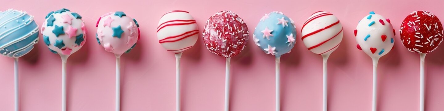 Easter cake pops on pink wooden background, panoramic shot