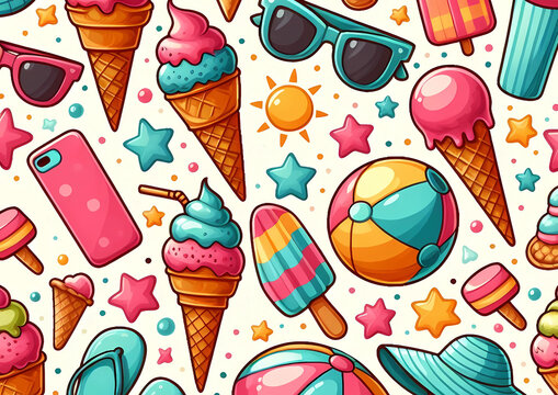 Summer Vibes sunglasses sea star flip flops beach hat ice cream background illustration background pattern with ice cream and other summer elements. 