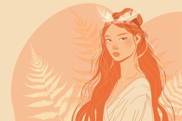Chinese minimalism illustration, portrait of a medium-skinned woman with long, wavy caramel hair styled with a decorative headband featuring feathers, wearing a boho wrap top