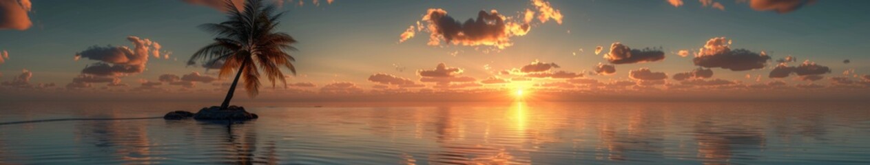 Fototapeta premium Tropical Island Paradise at Sunset with a Palm Tree, a 360 Panoramic HDRI Environment Map for 3D Rendering and Virtual Exploration