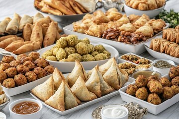 A festive spread of Deepavali snacks including samosas and pakoras served on a beautifully decorated table with copyspace.