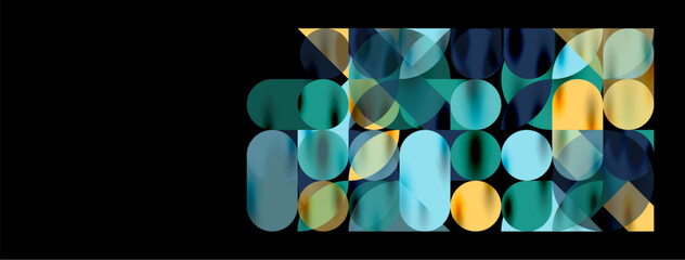 Mosaic geometric elements. Colorful circles, round geometric shapes and lines with shadow 3d effects. Simple forms abstract background for wallpaper, banner, template or landing