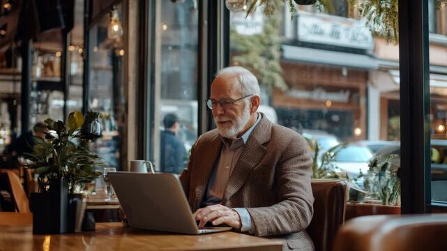A senior man, impeccably dressed, enjoys his remote work at a cozy caf&eacute;. His laptop sleeve, adorned with nature-inspired artwork, and the modern gadgets around him create a harmonious work setting ami
