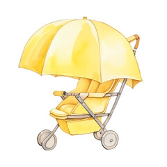 Illustration of a yellow baby stroller with an umbrella. Perfect for parenting, baby care, and family-related themes.