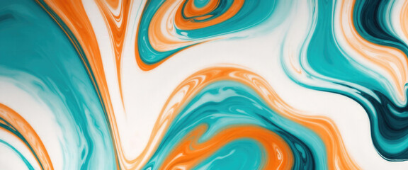 Luxurious marbling White, paint swirls in beautiful teal and orange colors abstract background with waves