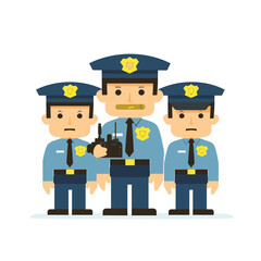 Three male cartoon police officers standing together, one holding radio, all uniform, isolated white background. Vector illustration law enforcement characters wearing blue, black attire hats