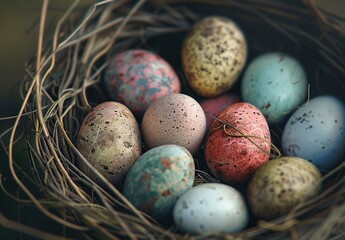 Easter eggs in a nest on a background