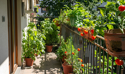  Apartment balcony transformed into a lush vegetable garden, featuring tomatoes, peppers, and herbs in pots .Small Balcony Garden with Ripe Tomato Plants  Garden with Red Tomatoes. "Tomato Plants Grow