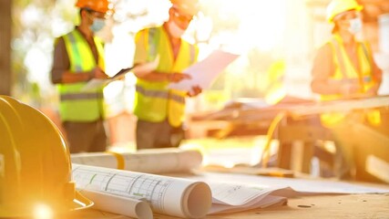 Close-up of a yellow helmet on a construction site table with a blurred engineer and architects in the background, holding paper and a laptop computer working together on a new project plan.