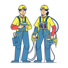 Two engineers operate equipment safety gear. Male female engineers construction uniforms use diagnostic tools. Workers yellow helmets overalls check machinery