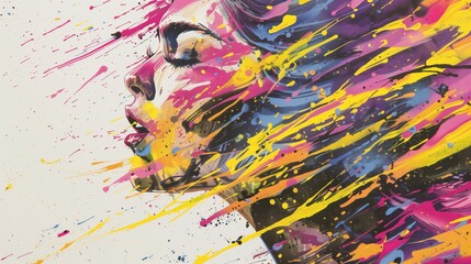 Colorful multicolored portrait in comic style of young woman. Visualization of female orgasm. Emotion of pleasure and enjoyment.