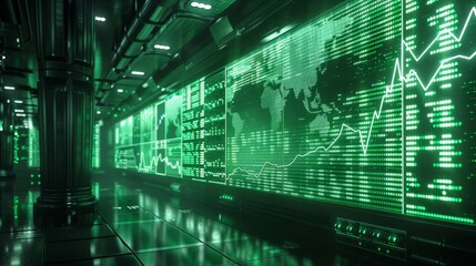 Futuristic green-lit display of S&P 500 stock market index on a large screen 