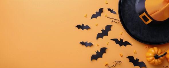 Creative Halloween Decor Featuring Black Bats and a Yellow Witch Hat on Orange Surface