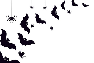 Bats and spiders on a white background. Halloween holiday concept. Black silhouettes. Empty space for text. Copy space. Postcard, invitation to a party.