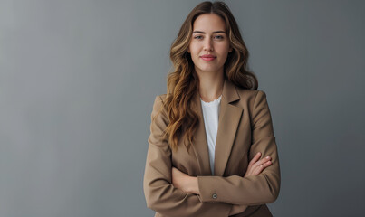 Happy youthful confident professional business woman, pretty trendy female executive looking at camera, standing arms crossed on gray background