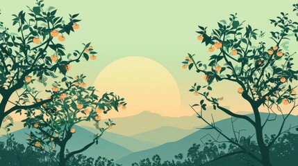 Chinese minimalism illustration, silhouette of a hillside orchard with fruit trees, flat illustration Chinese illustration on soft mint background, rural setting, empty copy space