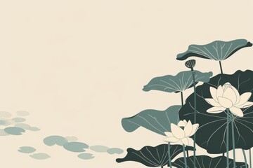 Chinese minimalism illustration, silhouette of a lotus flower border, flat illustration Chinese illustration on light sage green background, tranquil setting, empty copy space 