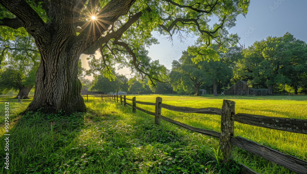 Poster sunlight filtering through trees over a green meadow at sunrise. sunlight streams through tree branc