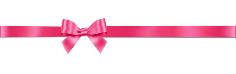 Pink Bow and Ribbon Horizontal Realistic shiny satin with shadow horizontal ribbon for decorate your wedding invitation card ,greeting card or gift boxes vector EPS10 isolated on white background.