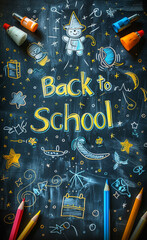 Colorful Back to School Chalkboard Design With Crayons and Markers