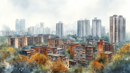 A watercolor artwork of a modern Chinese city's suburban area, where the urban landscape transitions from new to old. The scene features modern skyscrapers with their sleek, 