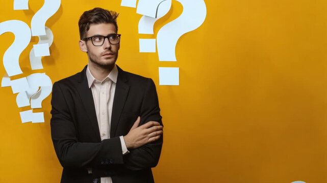 Portrait of A confused young businessman with a question mark symbol while wearing a formal suit isolated on a yellow background