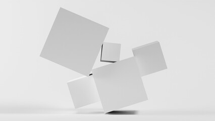 Minimalist 3D rendering of floating cubes in a monochromatic 