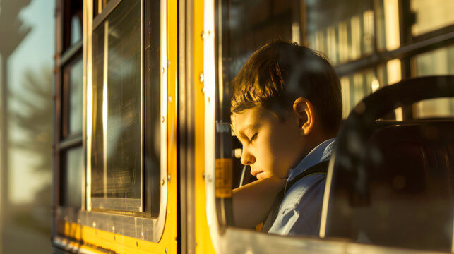A tired student is riding home on a school bus. The boy fell asleep on the school bus with his head down. Abuse and bullying at school