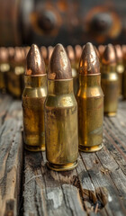 Close-Up of Bullets on Weathered Wood Background