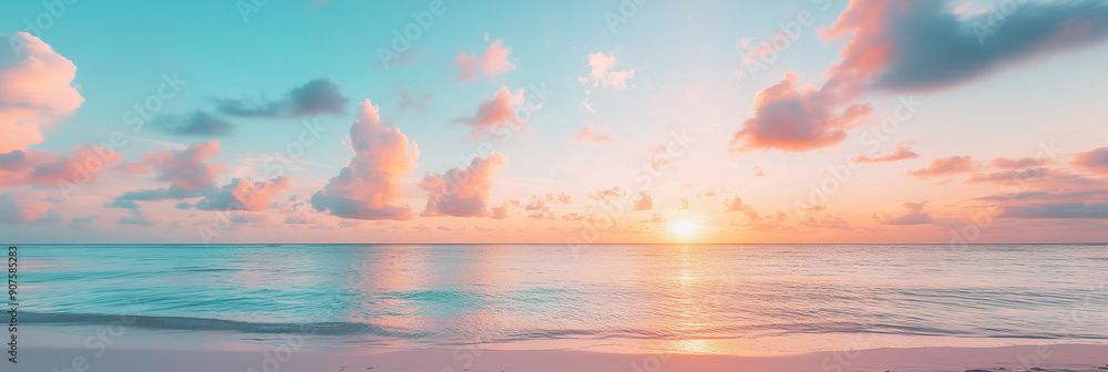Wall mural beautiful sunset on the beach with a beautiful sky and clouds. romantic summer background. view from