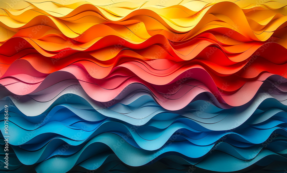 Poster vibrant waves of colorful paper in gradient formation. layers of colorful paper create a stunning wa