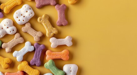 Puppy Surrounded by Colorful Dog Treats on Bright Yellow Background