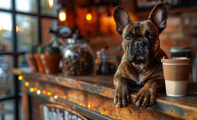 French Bulldog Relaxing at a Cozy Café With Coffee Present. A French Bulldog lounges on a café bar