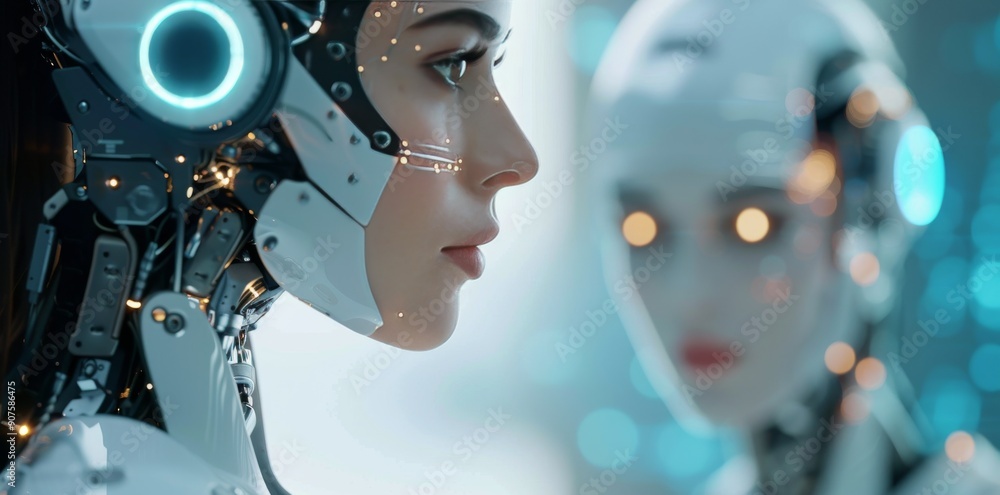 Aufkleber futuristic female robot portrait with advanced technology features in a high-tech setting