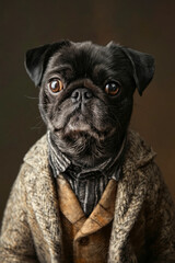 A black pug dog wearing a coat and tie