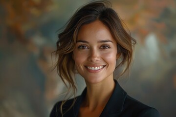 Obraz premium A stunning portrait of a smiling businessperson exuding confidence and professionalism.