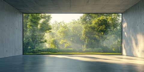 3d render of empty concrete room with large window on nature background, Generative AI