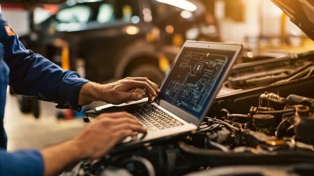A mechanic is working on a car engine with a laptop open