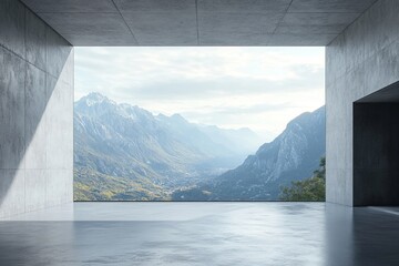 3d render of empty concrete room with large window on nature background, Generative AI