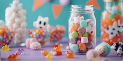 Colorful Candy Jar With Festive Decor and Sweet Treats on a Vibrant Table