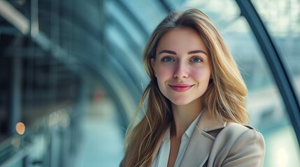 Obraz premium Confident and successful businesswoman smiling in a professional office setting, portraying leadership and achievement in a modern corporate environment
