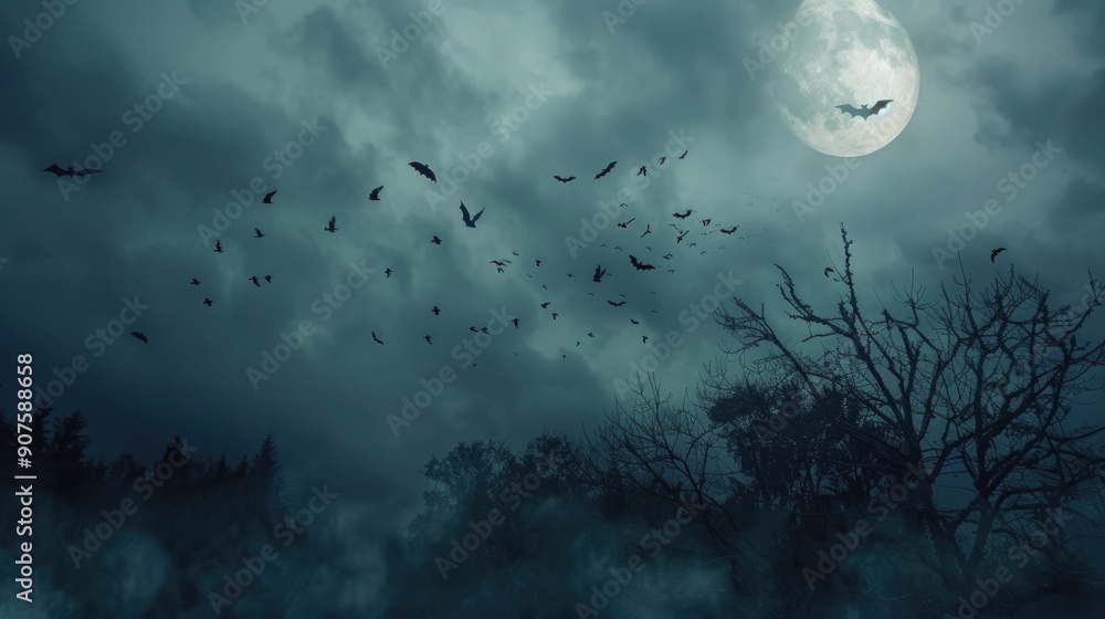 Poster a ghostly halloween sky with misty clouds, shadowy figures, and distant howls echoing in the night.