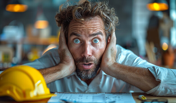 Shocked Worker in Hard Hat Reacts to Stressful Situation Indoors. A worker with wild hair and bright blue eyes covers his ears