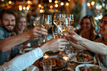 Friends celebrating and toasting at a restaurant table
